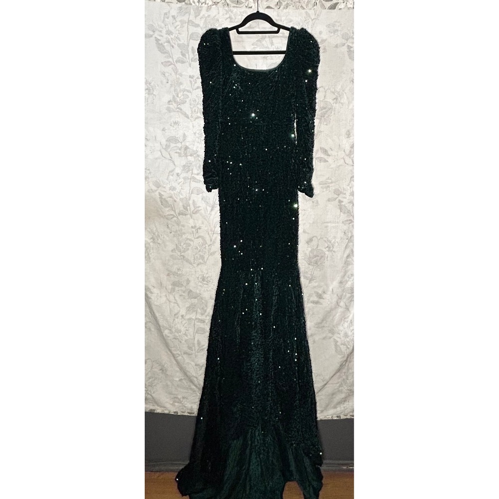 Sparkly Velvet Fishtail Gown Formal Evening Dress Long Sleeve Emerald Green